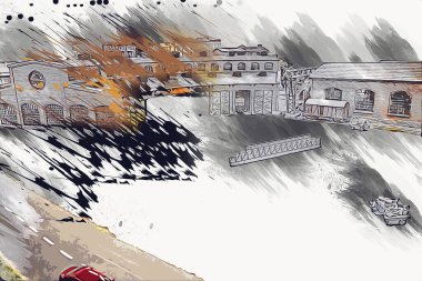 İstasyonda eski bir buhar treni, Wroclaw, Polonya, sanat ilüstrasyonu antika, model, minyatür