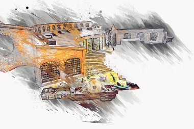 İstasyonda eski bir buhar treni, Wroclaw, Polonya, sanat ilüstrasyonu antika, model, minyatür