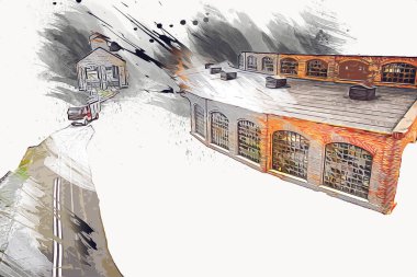 İstasyonda eski bir buhar treni, Wroclaw, Polonya, sanat ilüstrasyonu antika, model, minyatür