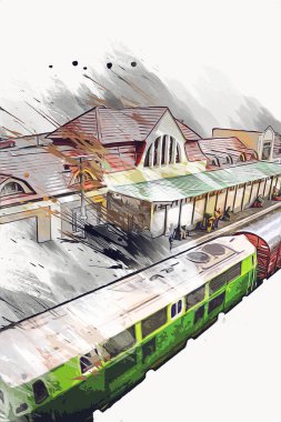 İstasyonda eski bir buhar treni, Wroclaw, Polonya, sanat ilüstrasyonu antika, model, minyatür