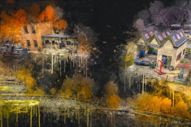 İstasyonda eski bir buhar treni, Wroclaw, Polonya, sanat ilüstrasyonu antika, model, minyatür