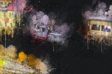 İstasyonda eski bir buhar treni, Wroclaw, Polonya, sanat ilüstrasyonu antika, model, minyatür