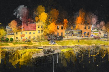 İstasyonda eski bir buhar treni, Wroclaw, Polonya, sanat ilüstrasyonu antika, model, minyatür