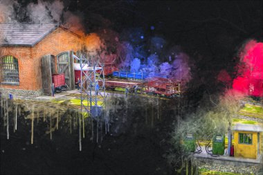 İstasyonda eski bir buhar treni, Wroclaw, Polonya, sanat ilüstrasyonu antika, model, minyatür