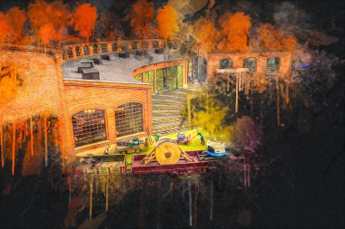 İstasyonda eski bir buhar treni, Wroclaw, Polonya, sanat ilüstrasyonu antika, model, minyatür