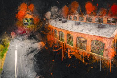 İstasyonda eski bir buhar treni, Wroclaw, Polonya, sanat ilüstrasyonu antika, model, minyatür