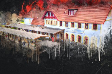 İstasyonda eski bir buhar treni, Wroclaw, Polonya, sanat ilüstrasyonu antika, model, minyatür