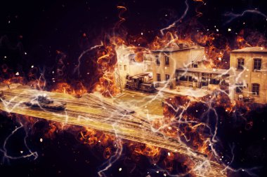 İstasyonda eski bir buhar treni, Wroclaw, Polonya, sanat ilüstrasyonu antika, model, minyatür