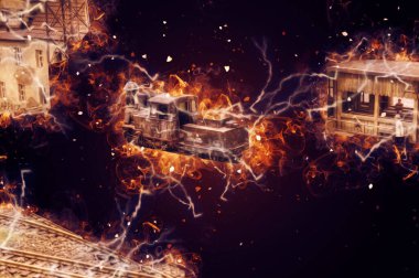 İstasyonda eski bir buhar treni, Wroclaw, Polonya, sanat ilüstrasyonu antika, model, minyatür