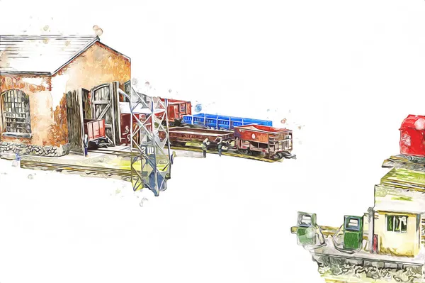 Old retro steam train at station, Wroclaw, Poland, art ilustration vintage retro antique, model, miniature