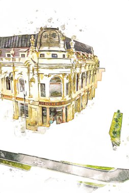 Minyatür şehir. Evler, arabalar, ağaçlar, Wroclaw, Polonya, sanat ilüstrasyonu antika, model
