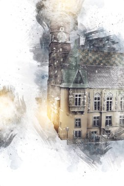 Wroclaw, Polonya 'daki belediye binası, sanat ilüstrasyonu antika, model, minyatür