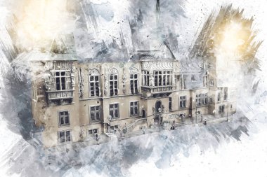 Wroclaw, Polonya 'daki belediye binası, sanat ilüstrasyonu antika, model, minyatür