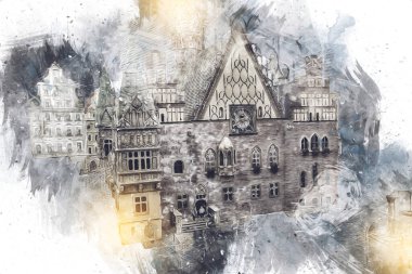 Wroclaw, Polonya 'daki belediye binası, sanat ilüstrasyonu antika, model, minyatür