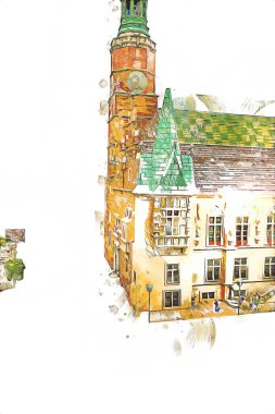 Wroclaw, Polonya 'daki belediye binası, sanat ilüstrasyonu antika, model, minyatür