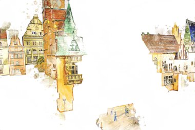 Wroclaw, Polonya 'daki belediye binası, sanat ilüstrasyonu antika, model, minyatür