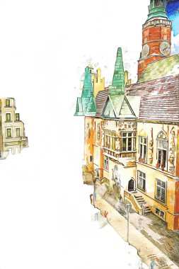 Wroclaw, Polonya 'daki belediye binası, sanat ilüstrasyonu antika, model, minyatür