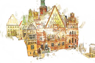 Wroclaw, Polonya 'daki belediye binası, sanat ilüstrasyonu antika, model, minyatür