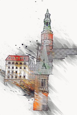 Wroclaw, Polonya 'daki belediye binası, sanat ilüstrasyonu antika, model, minyatür