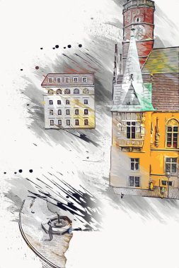 Wroclaw, Polonya 'daki belediye binası, sanat ilüstrasyonu antika, model, minyatür