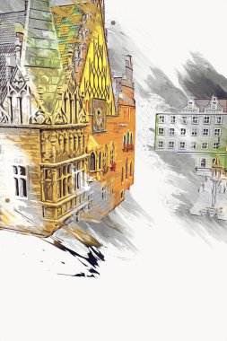 Wroclaw, Polonya 'daki belediye binası, sanat ilüstrasyonu antika, model, minyatür