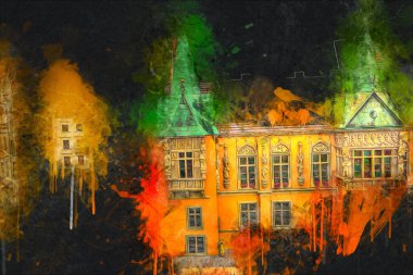 Wroclaw, Polonya 'daki belediye binası, sanat ilüstrasyonu antika, model, minyatür