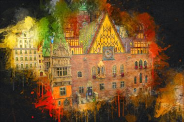 Wroclaw, Polonya 'daki belediye binası, sanat ilüstrasyonu antika, model, minyatür