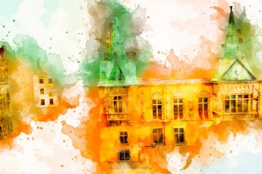 Wroclaw, Polonya 'daki belediye binası, sanat ilüstrasyonu antika, model, minyatür