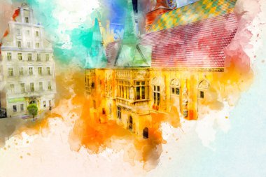 Wroclaw, Polonya 'daki belediye binası, sanat ilüstrasyonu antika, model, minyatür