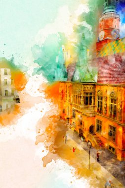 Wroclaw, Polonya 'daki belediye binası, sanat ilüstrasyonu antika, model, minyatür