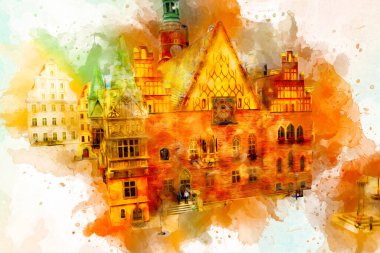 Wroclaw, Polonya 'daki belediye binası, sanat ilüstrasyonu antika, model, minyatür