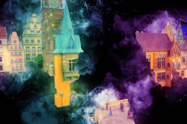 Wroclaw, Polonya 'daki belediye binası, sanat ilüstrasyonu antika, model, minyatür