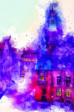 Wroclaw, Polonya 'da gece vakti sanat ilüstrasyonu antika, model, minyatür