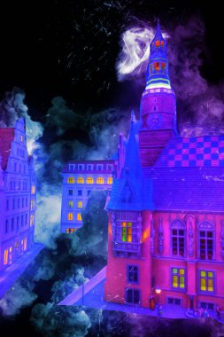 Wroclaw, Polonya 'da gece vakti sanat ilüstrasyonu antika, model, minyatür