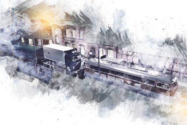 Geceleri, Wroclaw, Polonya 'daki eski moda buhar treni antika, model, minyatür sanat ilüstrasyonu