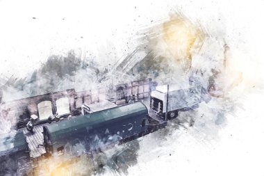 Geceleri, Wroclaw, Polonya 'daki eski moda buhar treni antika, model, minyatür sanat ilüstrasyonu