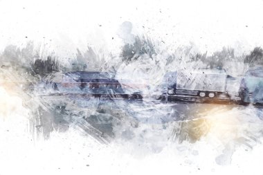 Geceleri, Wroclaw, Polonya 'daki eski moda buhar treni antika, model, minyatür sanat ilüstrasyonu