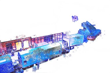 Geceleri, Wroclaw, Polonya 'daki eski moda buhar treni antika, model, minyatür sanat ilüstrasyonu