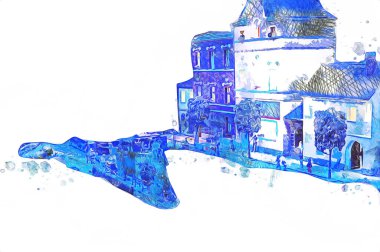 Geceleri, Wroclaw, Polonya 'daki eski moda buhar treni antika, model, minyatür sanat ilüstrasyonu