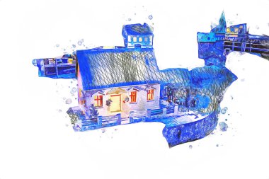 Geceleri, Wroclaw, Polonya 'daki eski moda buhar treni antika, model, minyatür sanat ilüstrasyonu