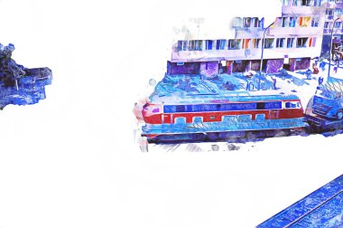 Geceleri, Wroclaw, Polonya 'daki eski moda buhar treni antika, model, minyatür sanat ilüstrasyonu