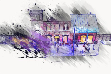 Geceleri, Wroclaw, Polonya 'daki eski moda buhar treni antika, model, minyatür sanat ilüstrasyonu