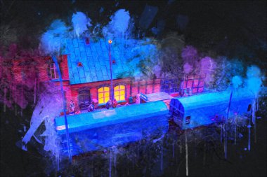 Geceleri, Wroclaw, Polonya 'daki eski moda buhar treni antika, model, minyatür sanat ilüstrasyonu