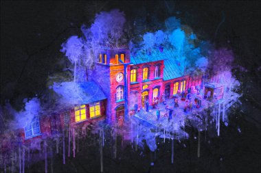 Geceleri, Wroclaw, Polonya 'daki eski moda buhar treni antika, model, minyatür sanat ilüstrasyonu