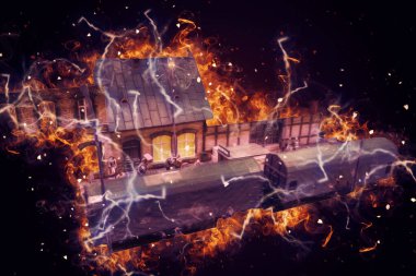 Geceleri, Wroclaw, Polonya 'daki eski moda buhar treni antika, model, minyatür sanat ilüstrasyonu