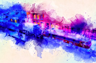 Geceleri, Wroclaw, Polonya 'daki eski moda buhar treni antika, model, minyatür sanat ilüstrasyonu