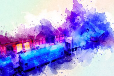 Geceleri, Wroclaw, Polonya 'daki eski moda buhar treni antika, model, minyatür sanat ilüstrasyonu