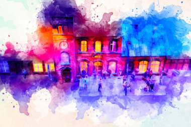 Geceleri, Wroclaw, Polonya 'daki eski moda buhar treni antika, model, minyatür sanat ilüstrasyonu