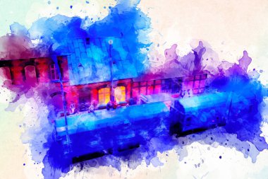 Geceleri, Wroclaw, Polonya 'daki eski moda buhar treni antika, model, minyatür sanat ilüstrasyonu