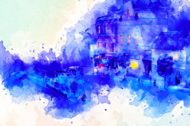 Geceleri, Wroclaw, Polonya 'daki eski moda buhar treni antika, model, minyatür sanat ilüstrasyonu